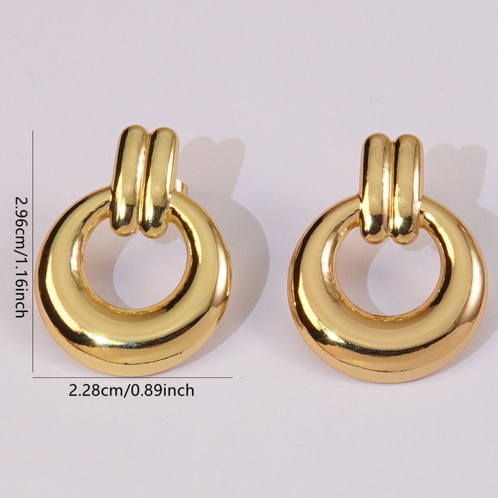Gold Plated Circle Stud Earrings, Stainless Steel, Urban Elegant - Picture 5 of 9